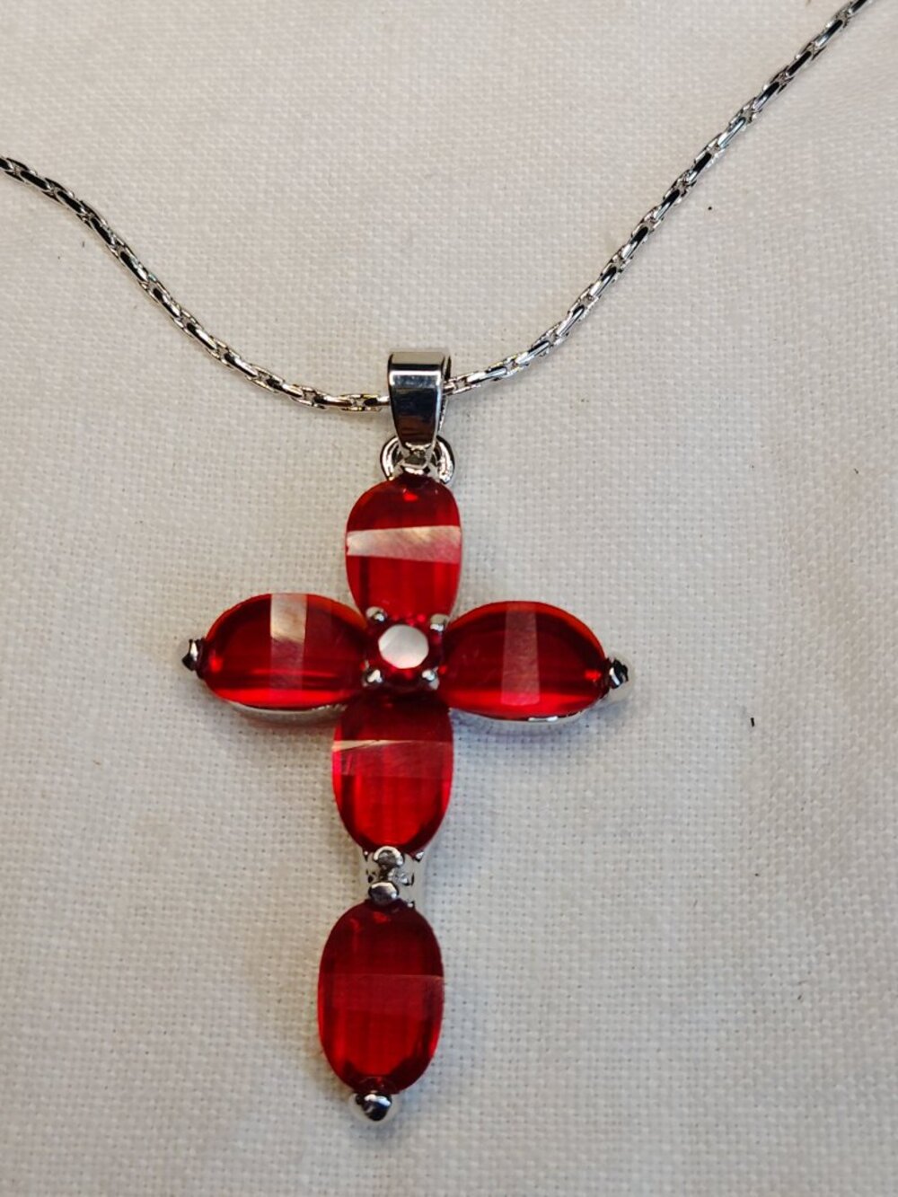 Silver‑Tone Red Crystal Cross Necklace, 15" Chain, 1.5" Pendant